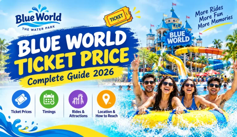Blue World ticket price 2026 showing the amusement park, water rides and Kanpur visitor information