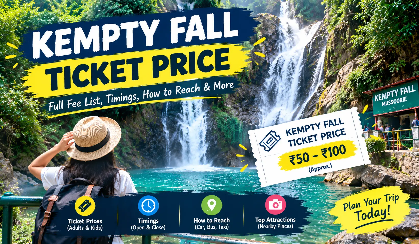 Kempty Fall ticket price 2026 with Kempty Falls waterfall and ropeway in Mussoorie