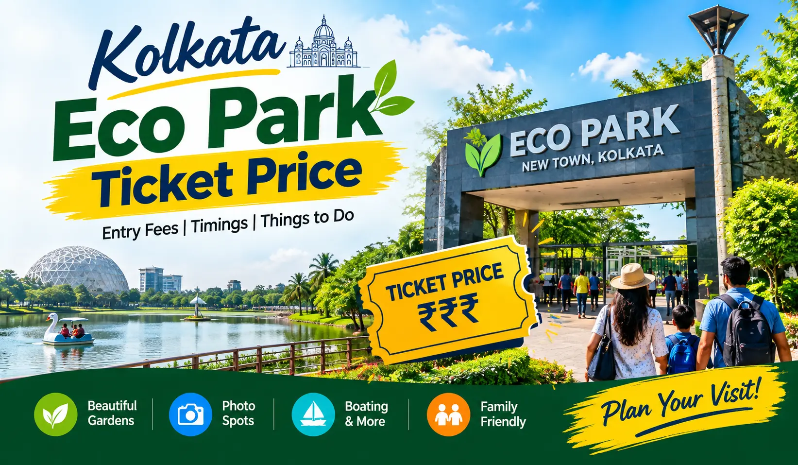 Kolkata Eco Park ticket price 2026 showing entry fee, boating and Seven Wonders attractions