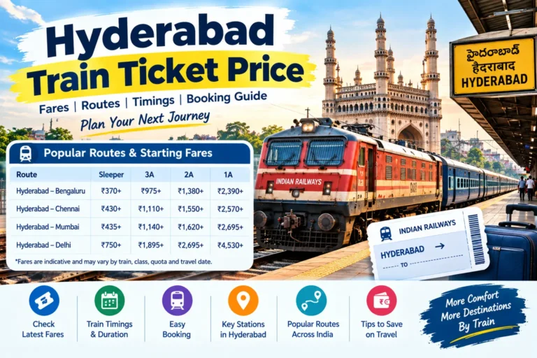 Hyderabad train ticket price 2026 guide with Indian Railways train at Secunderabad station
